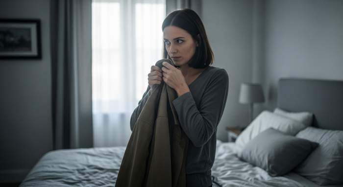 Kiskanclik ve suphe aninda ceket koklayan kadin gorseli