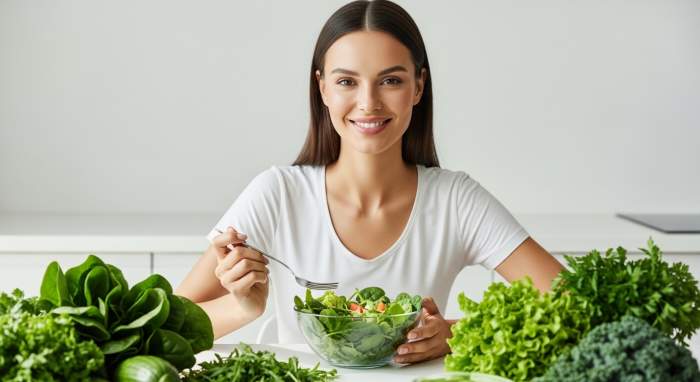 Yesil yaprakli sebzeler ve isiltili cilt beslenme gorseli