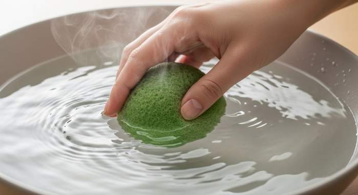 Konjac sungeri sicak suda dezenfekte etme gercekci gorsel