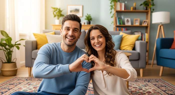 Evde mutlu cift salonda yerde oturup elleriyle kalp yapiyor