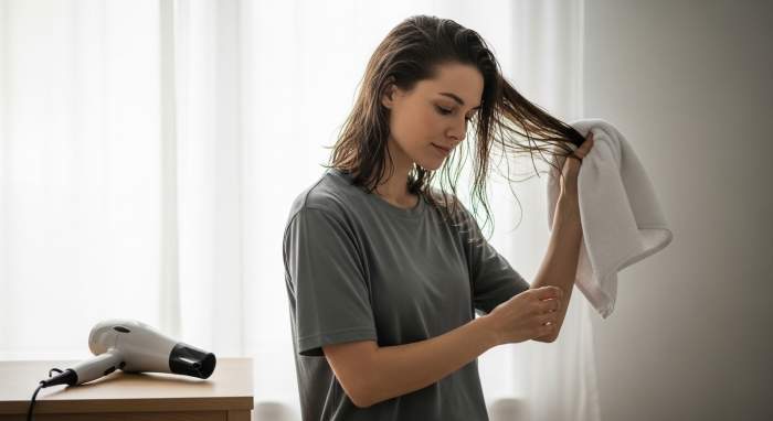 Saci dogal kurutma ve dusuk isidan kacinma gercekci sac bakim gorseli