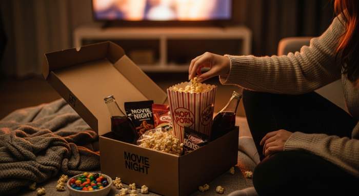 Film gecesi icin hazir kutu ve evde sinema keyfi gorseli