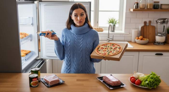 Kisin hazir gida tercihi ve kararsiz kadin gercekci gorsel
