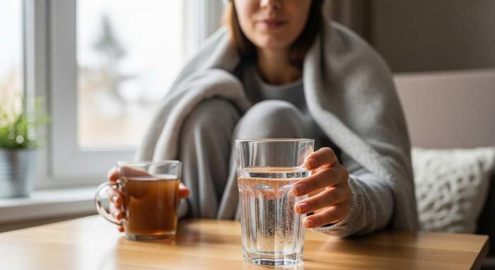 Kisin su icmeyi unutan kadin ve hidrasyon hatirlatma gorseli