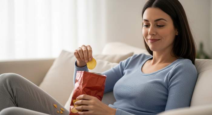 Cips yemeye devam eden kadin eglenceli atistirma ani gorseli