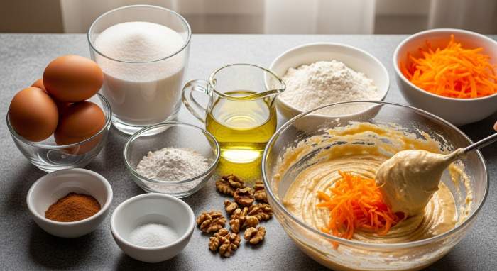 Havuc keki malzemeleri ve hamur hazirlama gercekci fotograf