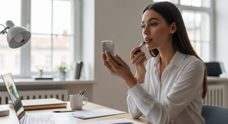 Ofiste makyaj yapan calisan kadin gorseli