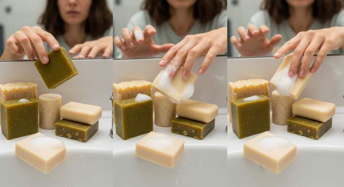 Farkli sabunlar arasinda secim yapan kadin eglenceli cilt bakimi gorseli