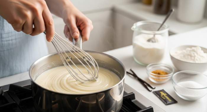 Sutlu kremanin tencerede cirpilarak pisirildigi gercekci mutfak gorseli