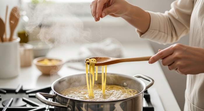 Al dente makarna pisirme ve tuz ekleme ani mutfak gorseli