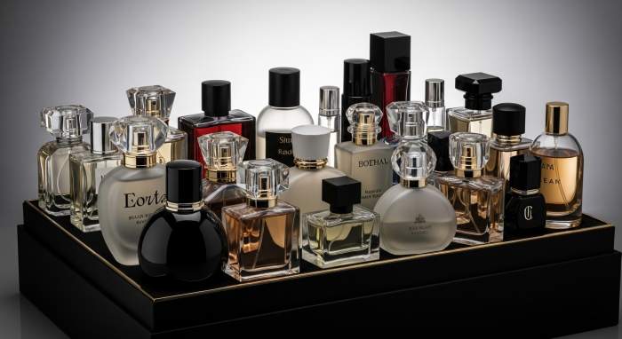 Farkli renk ve sekillerde parfum siseleri kutu gorseli