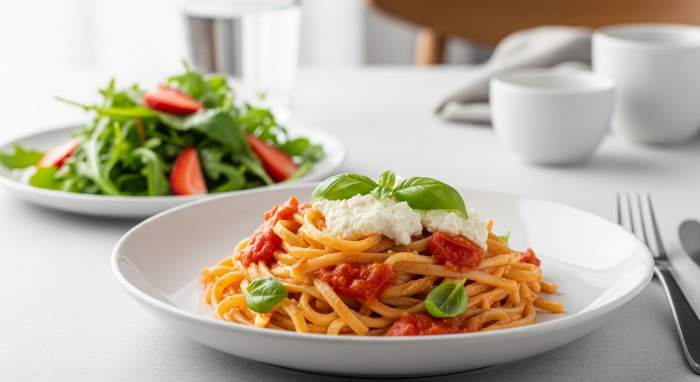 Ricotta domatesli makarna ve yaninda roka cilek salata gorseli