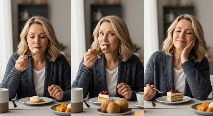 Beş sıfır yas kadin yemekle barisan ve keyif alan dogal yasam gorseli