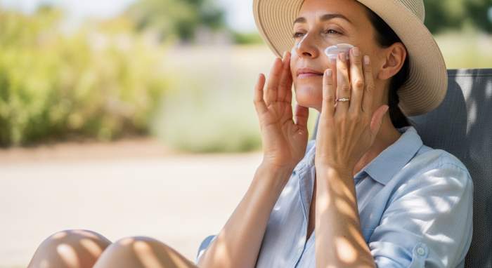 Acik tenini koruyan kadin gunes kremi kullanim gercekci gorsel