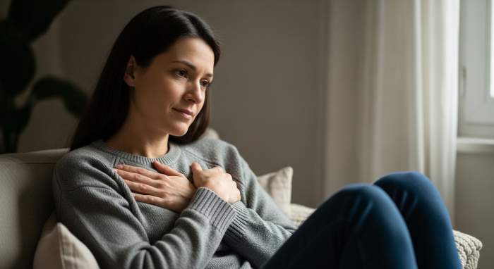 Kendine sabir ve sefkat gosteren kadin duygusal iyilesme gorseli