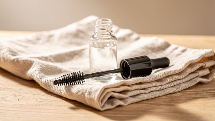Serum şişesi, maskara fırçası ve kirpik fırçası