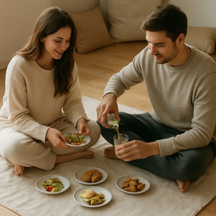 Evde eğlenceli aktiviteler çift, piknik yapıyor