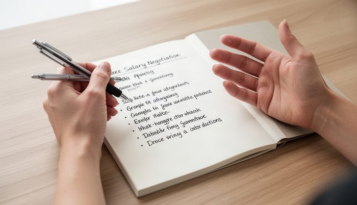 Kadının elinde kalem, maaş görüşmesi notları yazılı defter