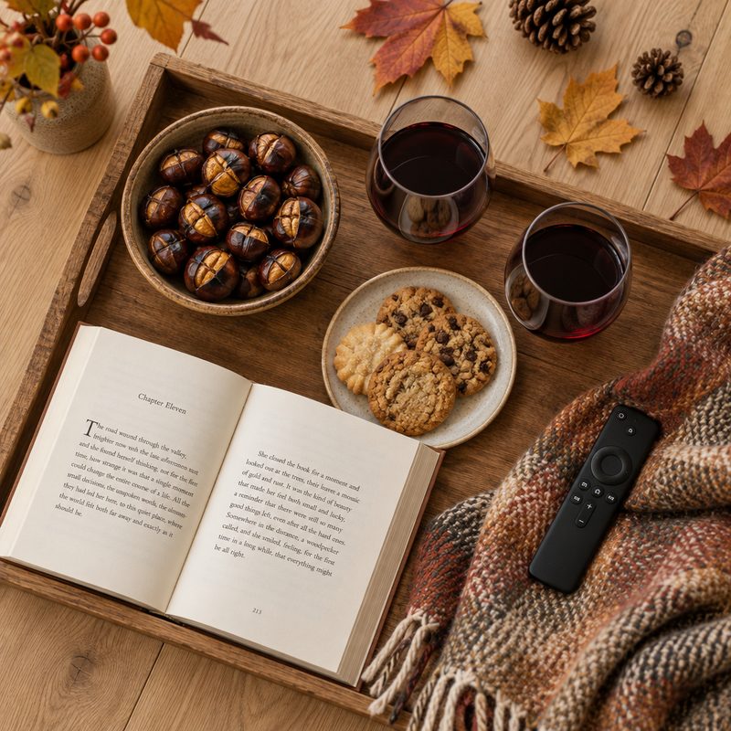rustik ahşap tepsi, kestane, şarap, kitap ve sonbahar yaprakları